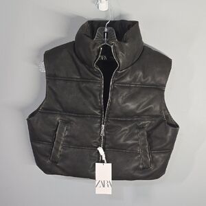 zara‎ jacket women's size small black vest faux leather cropped puffer Vest Edgy